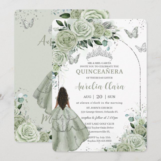 Invitación Sage Green Floral Brown Chica Silver Quinceañera (Anverso / Reverso)