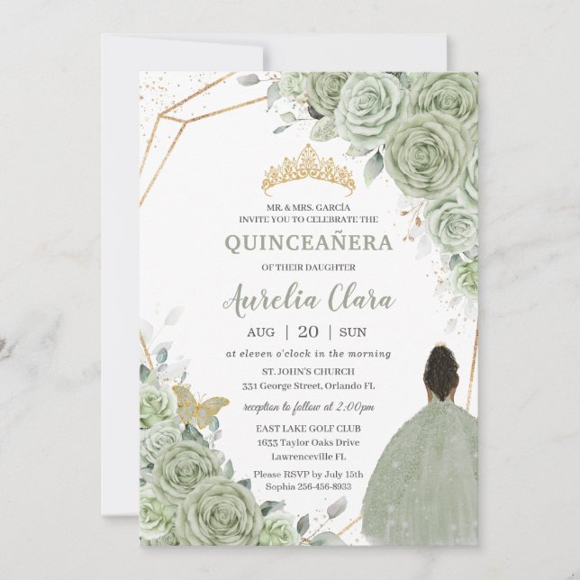 Invitación Sage Green Floral Brown Princess Gold Quinceañera (Anverso)