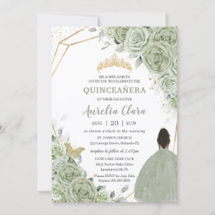 Invitación Sage Green Floral Brown Princess Gold Quinceañera