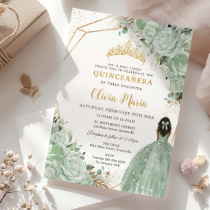 Invitación Sage Green Floral Brown Princess Gold Quinceañera