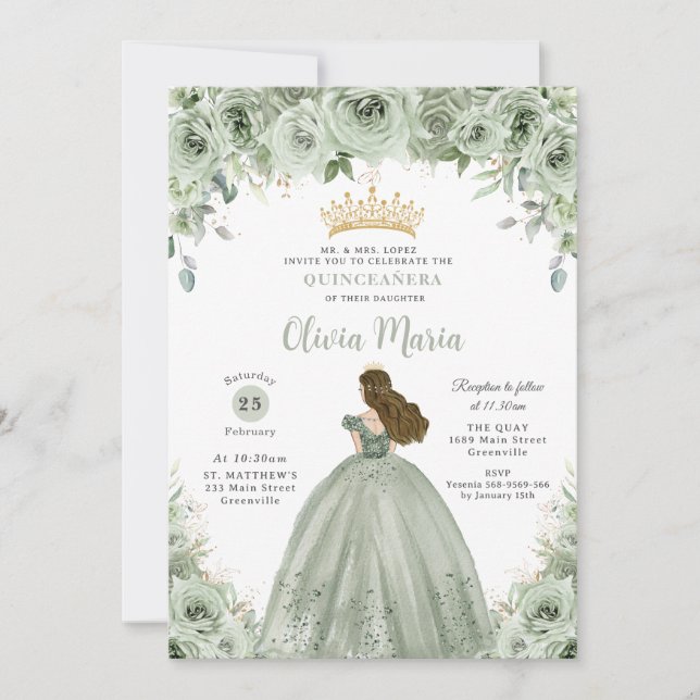 Invitación Sage Green Floral Brunette Princess Quinceañera (Anverso)