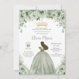 Invitación Sage Green Floral Brunette Princess Quinceañera