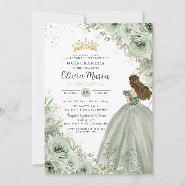 Invitación Sage Green Floral Brunette Princess Quinceañera (Anverso)