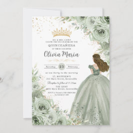 Invitación Sage Green Floral Brunette Princess Quinceañera