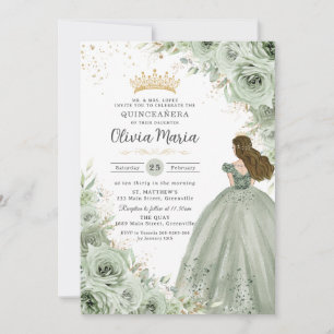 Invitación Sage Green Floral Brunette Princess Quinceañera
