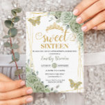 Invitación Sage Green Floral Butterflies Gold Sweteen<br><div class="desc">Moda Sweet 16 Birthday con un marco geométrico de purpurina dorado adornado con delicadas acuarelas verdes florales, suave vegetación de salmuera y mariposas de sabores y oro. Personalízalo con tus detalles de forma fácil y rápida, simplemente pulsa el botón personalizar it para reorganizar y formatear el estilo y la ubicación...</div>