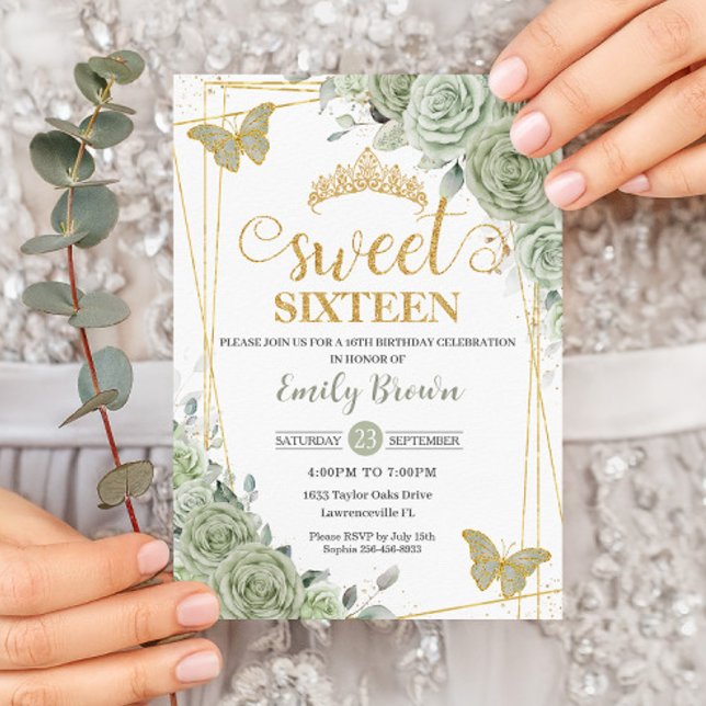 Invitación Sage Green Floral Butterflies Gold Sweteen (Subido por el creador)