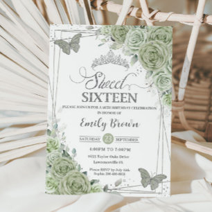 Invitación Sage Green Floral Butterflies Plata Dulce Dieciséi