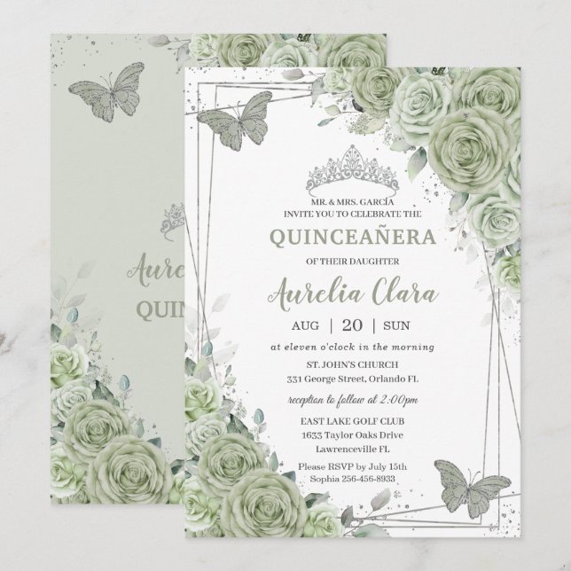 Invitación Sage Green Floral Butterflies Silver Quinceañera (Anverso / Reverso)