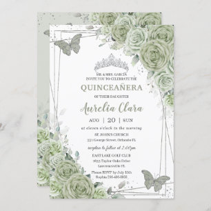 Invitación Sage Green Floral Butterflies Silver Quinceañera