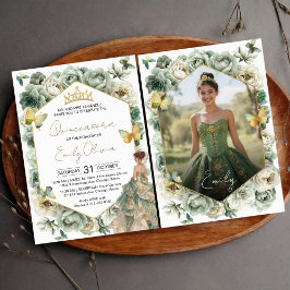 Invitación Sage Green Floral Butterfly Photo Quinceañera