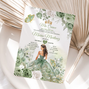 Invitación Sage Green Floral Butterfly Princess Mis Quince