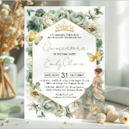 Invitación Sage Green Floral Butterfly Tiara Quinceañera