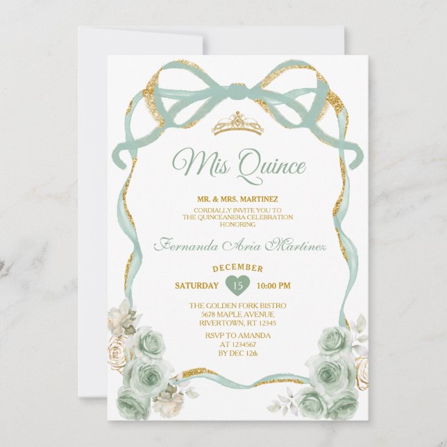 Invitación Sage Green Floral Cow Crown Gold Crown Mis Quince (Anverso)