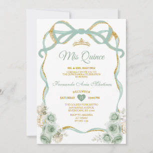 Invitación Sage Green Floral Cow Crown Gold Crown Mis Quince