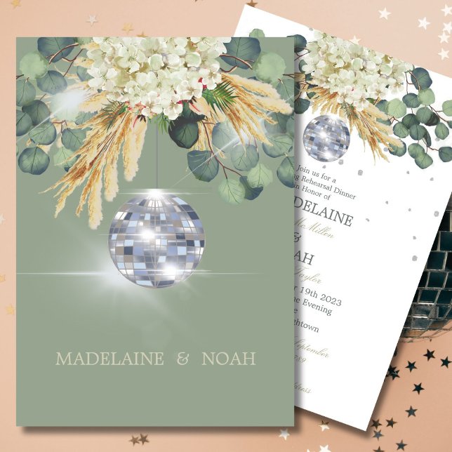 Invitación Sage Green Floral Disco Ball Boda ensayo (Subido por el creador)