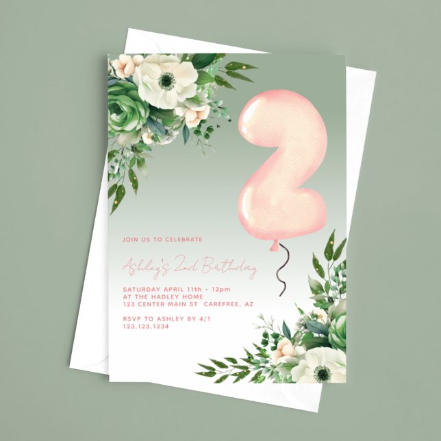 Invitación Sage Green Floral Elegante Segundo Cumpleaños (Subido por el creador)