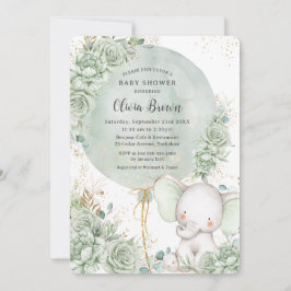 Invitación Sage Green Floral Elephant Neutrant Baby Shower