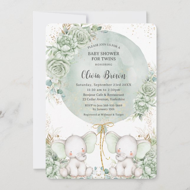 Invitación Sage Green Floral Elephants Twins Baby Shower (Anverso)