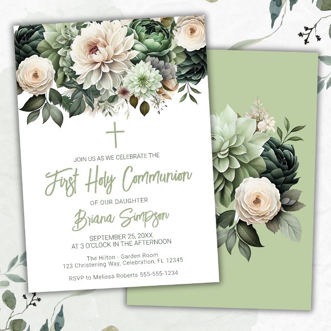 Invitación Sage Green Floral First Holy Communia (Subido por el creador)
