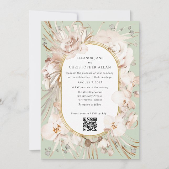 Invitación Sage Green floral garden moderno boda de código QR (Anverso)