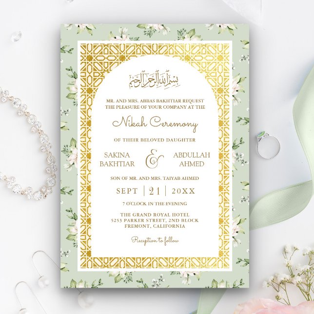 Invitación Sage Green Floral Gold Arch Boda Musulmana (Subido por el creador)