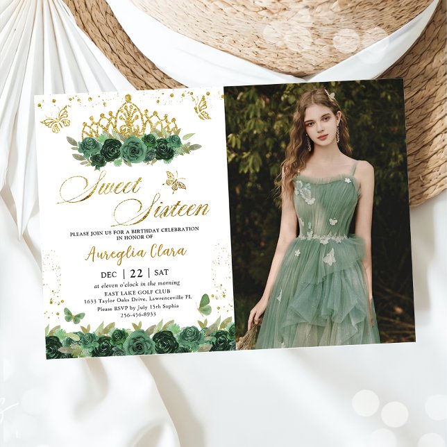 Invitación Sage Green Floral Gold Sweet 16 Cumpleaños (Subido por el creador)