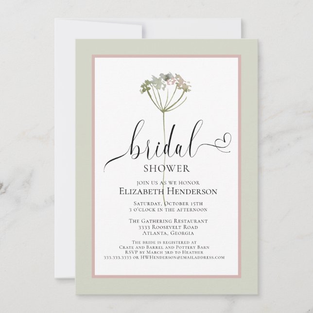Invitación Sage Green Floral Heart Script Bridal Shower (Anverso)