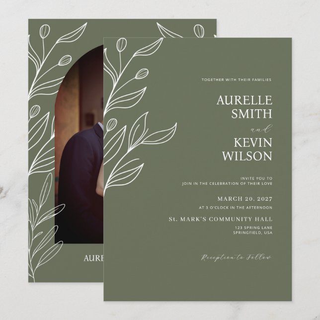 Invitación Sage Green Floral Modern Minimalist Wedding (Anverso / Reverso)