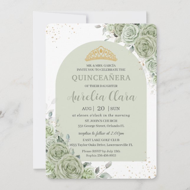 Invitación Sage Green Floral Moderno Arco Dorado Quinceanera (Anverso)
