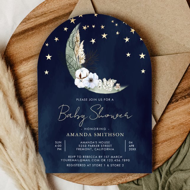 Invitación Sage Green Floral Moon Navy Blue Arch Baby Shower (Subido por el creador)