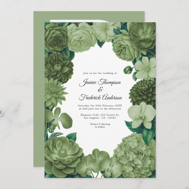 Invitación Sage Green Floral Photo and QR Code Wedding (Anverso / Reverso)