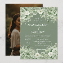 Invitación Sage Green Floral Photo Back Wedding 