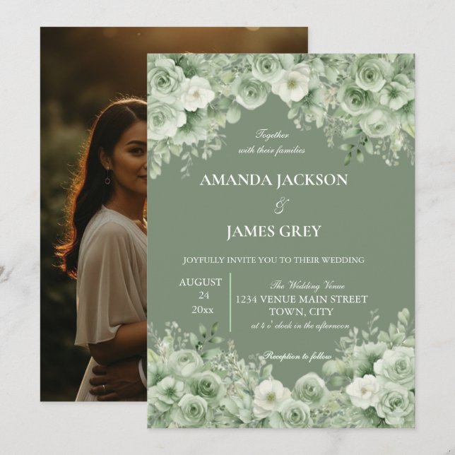 Invitación Sage Green Floral Photo Back Wedding  (Anverso / Reverso)