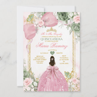 Invitación Sage Green Floral Pink Dress Princess Quinceañera