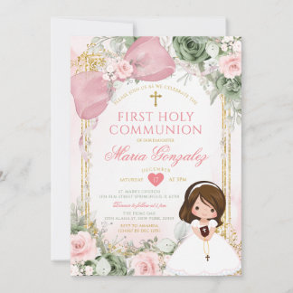 Invitación Sage Green Floral Pink Girl First Holy Communion