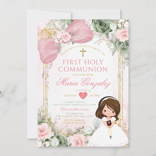 Invitación Sage Green Floral Pink Girl First Holy Communion (Anverso)