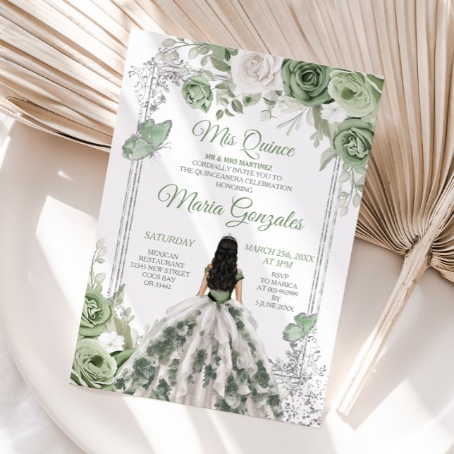 Invitación Sage Green Floral Princesa Vestido Plata Mis Quinc (Subido por el creador)
