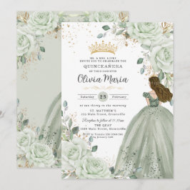 Invitación Sage Green Floral Princess Gown Quinceañera Quince