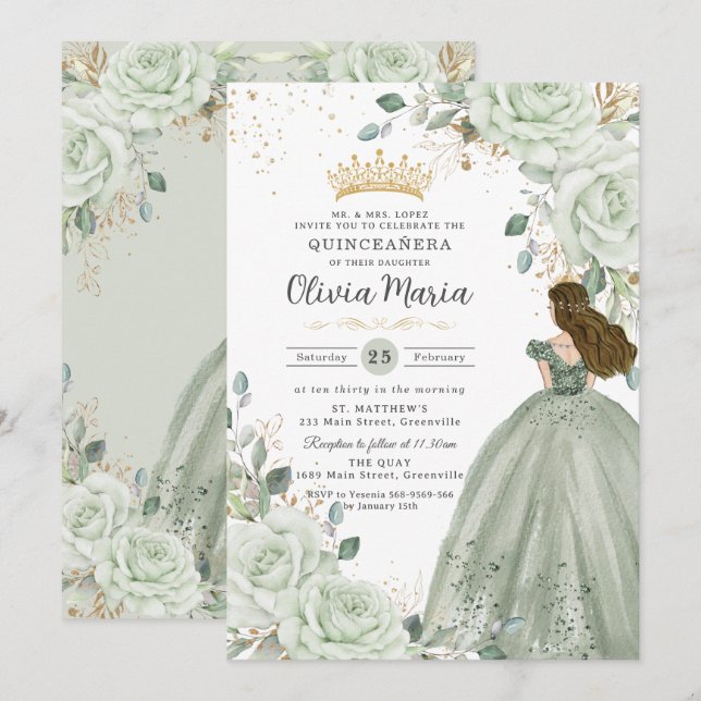 Invitación Sage Green Floral Princess Gown Quinceañera Quince (Anverso / Reverso)