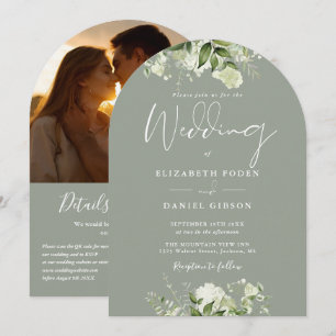 Invitación Sage Green Floral QR Code Photo Arch Boda