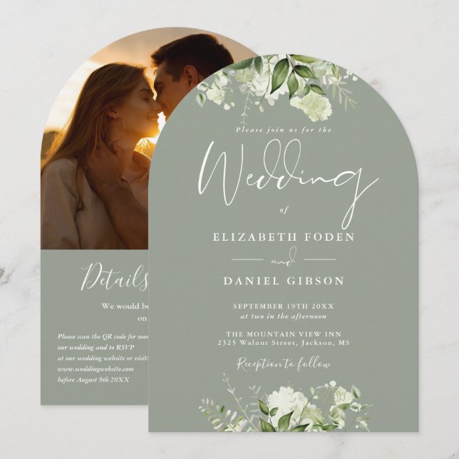 Invitación Sage Green Floral QR Code Photo Arch Boda (Anverso / Reverso)