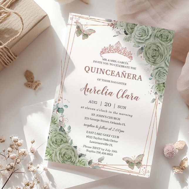 Invitación Sage Green Floral Rosa Gold Quinceañera Cumpleaños (Subido por el creador)
