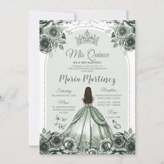 Invitación Sage Green Floral Silver Crown Princess Mis Quince (Anverso)