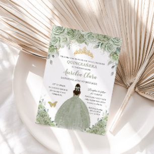 Invitación Sage Green Floral Tan Brown Princesa Quinceañera