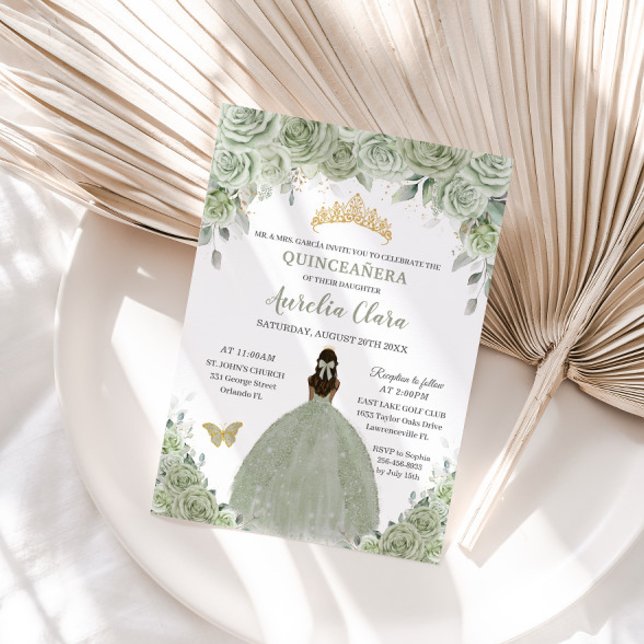 Invitación Sage Green Floral Tan Brown Princesa Quinceañera (Subido por el creador)