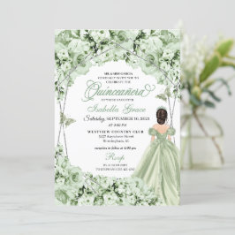 Invitación Sage Green Floral Tiara Princess Vestido Quinceane