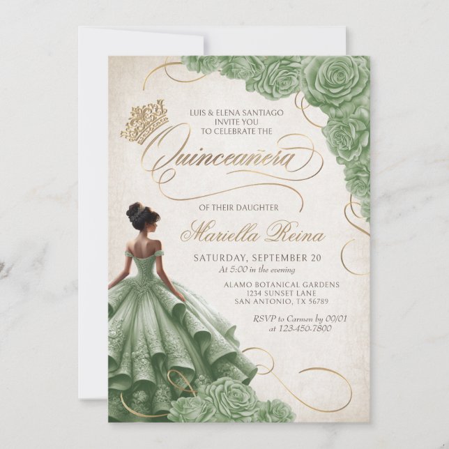 Invitación Sage Green Floral Vestido Quinceañera (Anverso)