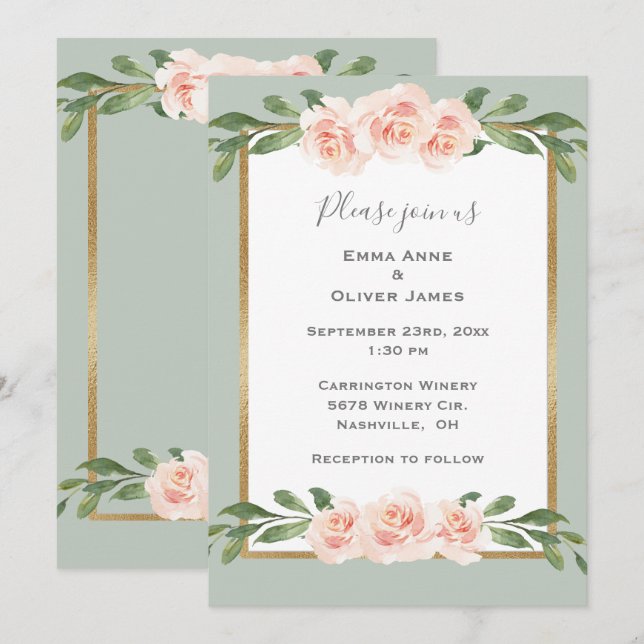Invitación Sage Green Floral Watercolor Romántico Boda (Anverso / Reverso)