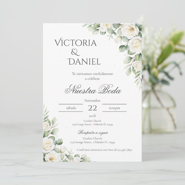 Invitación Sage Green Floral wedding invitation in Spanish (Anverso de pie)